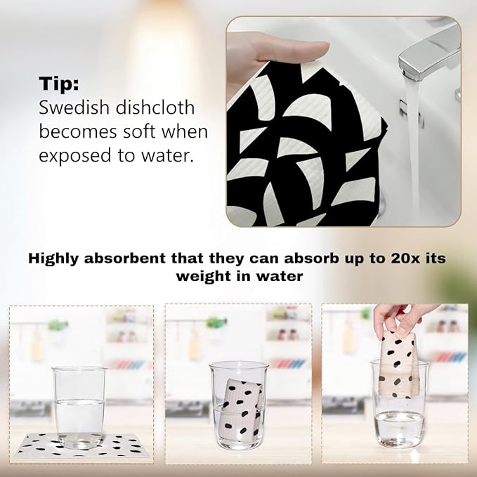 Swedish Dishcloths 6 Pack Black White Geometric, Reusable Washable Absorbent Cellulose Sponge Cloths, No Odor Eco Dish Towels for Kitchen Dish Washing, Home Cleaning, Kitchen Gifts for Women