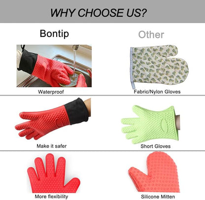 Comsmart BBQ Gloves, Heat Resistant Silicone Grilling Gloves, Long Waterproof BBQ Kitchen Oven Mitts with Inner Cotton Layer for Barbecue, Cooking, Baking, Smoker(Red)