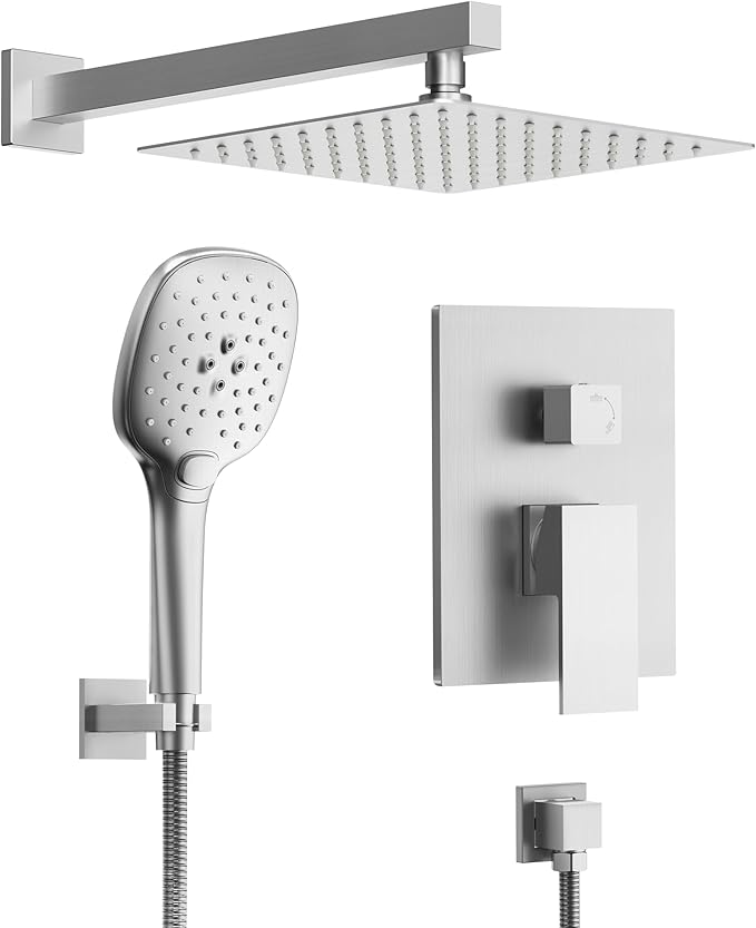 Double Handle High Pressure 3 Spray Shower Faucet Set with Valve 10 Inch Wall Mount Brushed Nickel