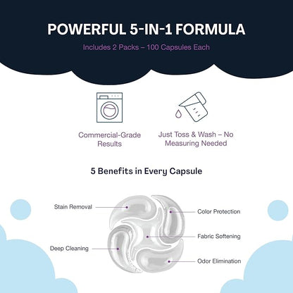 PowerPax 5-in-1 Commercial Laundry Detergent Capsules for Vending Machines, Free and Clear Unscented, 100 Count in 2 Packs – Stain Remover, Color Booster, Fabric Softener for Coin Vend Use