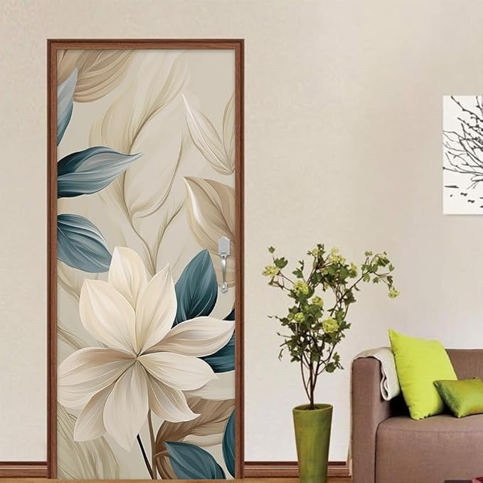 REDAMANCY Cream White Floral Modern Peel and Stick Door Stickers Vinyl 3D Door Mural Decals Decor Wallpaper Self-Adhesive, Waterproof, Removable