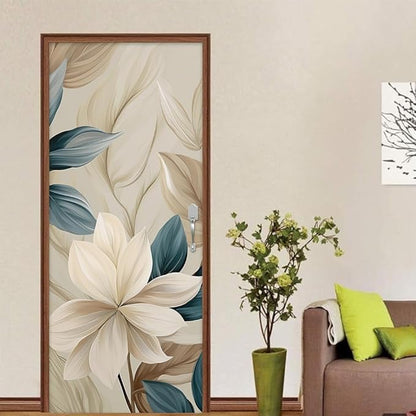 REDAMANCY Cream White Floral Modern Peel and Stick Door Stickers Vinyl 3D Door Mural Decals Decor Wallpaper Self-Adhesive, Waterproof, Removable