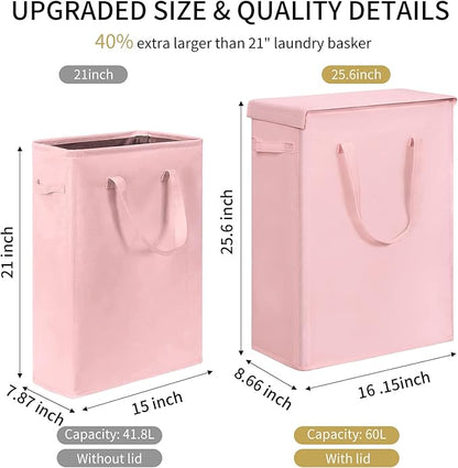 Chrislley 60L Slim Laundry Hamper with Lid Narrow Laundry Basket with Handle Upgrade Foldable Dirty Clothes Hamper Portable Skinny Hamper Organizer Storage Bins (25.6 inches, pink)