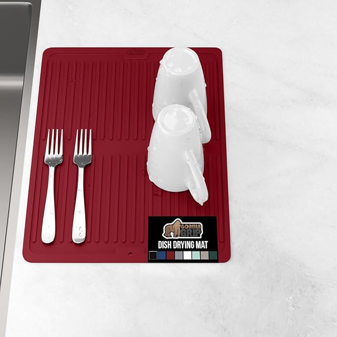 GORILLA GRIP 100% BPA-Free Patented Silicone Dish Drying Mat for Kitchen Counter, Water Catching Ribbed Design, Easy Clean Waterproof Sink Liner, Heat Resistant, Fits Under Rack, 11x13 Inch, Red
