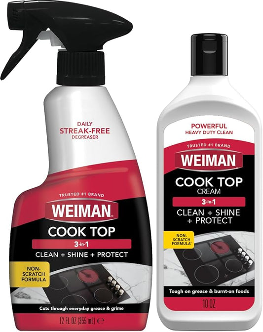 Weiman Ceramic and Glass Cooktop - 10 Ounce - Stove Top Daily Cleaner Kit - 12 Ounce - Glass Induction Cooktop Cleaning Bundle for Heavy Duty Mess Cleans Burnt-on Food