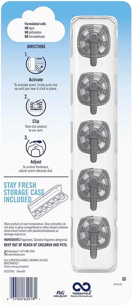 Febreze Car Air Freshener, Set of 5 Clips, Linen & Sky - up to 150 Days