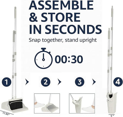 Broom and Dustpan Set for Home, Long Handle Upright Broom Dustpan Combo with Self Cleaning Dustpan Teeth, Standing Sweep Set for Kitchen Office Lobby Garage Floor Indoor Outdoor Cleaning