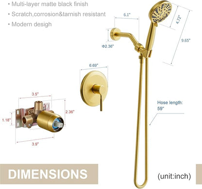 Gold Shower Faucet Set, Single-Handle Shower Kit with Rough-In Valve，6-Mode ABS Handheld Spray, Shower Combo System, Complete Trim Kit, Brushed Gold(without tub spout, Brushed Gold)