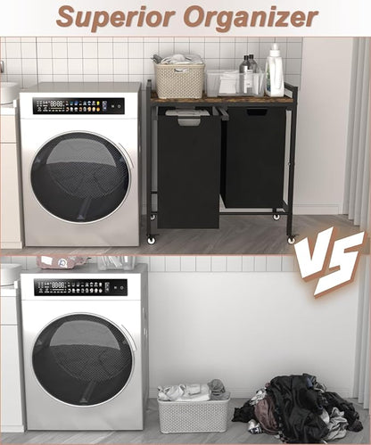 12 x 2 Gal Large Laundry Hamper with Wheels, 2 Pull-Out & Removable Sorter Bags, Freestanding Clothes Basket Organizer for Clothing or Toys in Bathroom and Living Room, Rustic Brown and Black