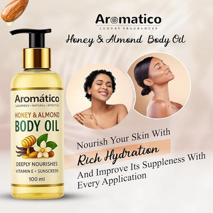 Aromatico Honey & Almond Mini Body Oil for Women. Dry Skin-Deep Hydration Formula for Glowing Skin in the Winters. Non-Sticky Texture, for Daily Use after Bath. Cozy & Creamy Fragrance - 4 fl Oz