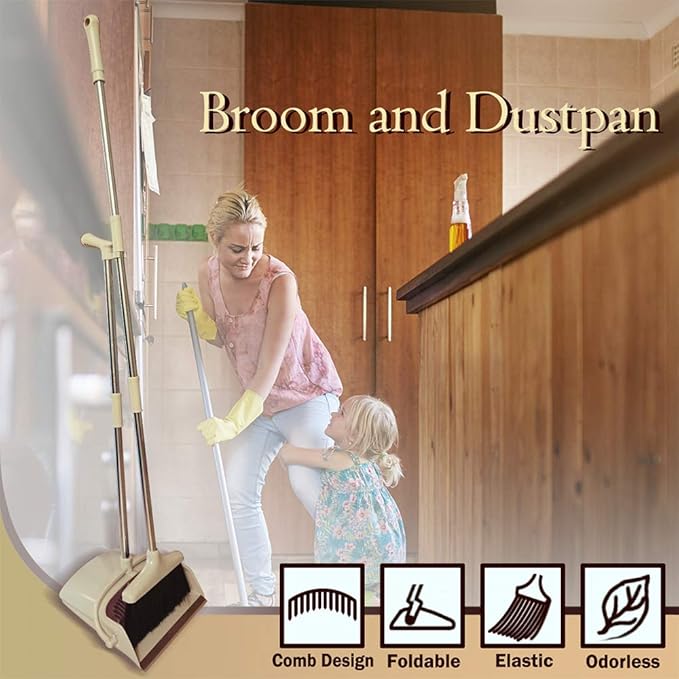 Broom and Dustpan Set Lightweight Upright Lobby Broom and Dust Pan Combo with Long Handle Outdoor Indoor for Home Kitchen Room Office (Brown)