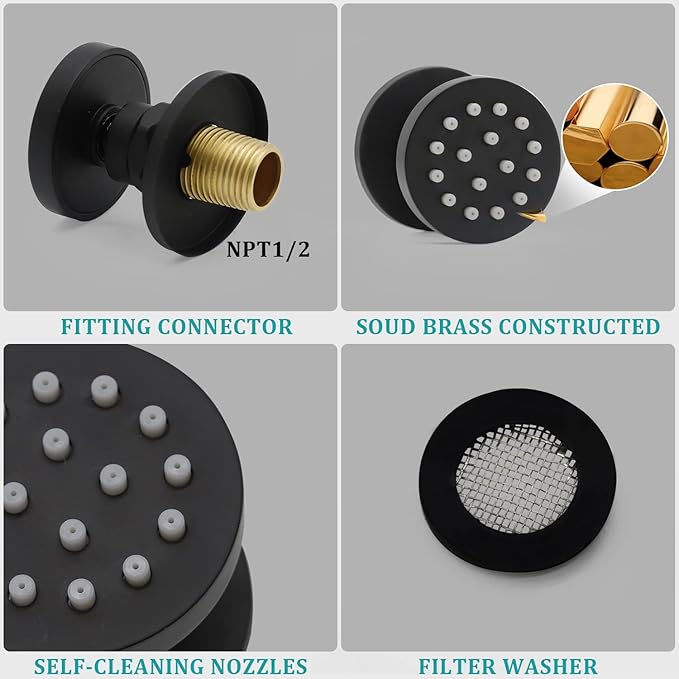 HOMEDEC 2inch Round Brass Showerhead Shower Jet Massage Spa Body Sprays Wall Mount, 4pcs, Matte Balck