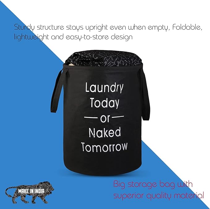 45L Waterproof Laundry Basket – Collapsible Canvas Clothes Hamper with Handles for Toy Storage, Laundry Room, Dorm & Nursery – Black Organizer Bin (8.86x6.1x7.28 in)