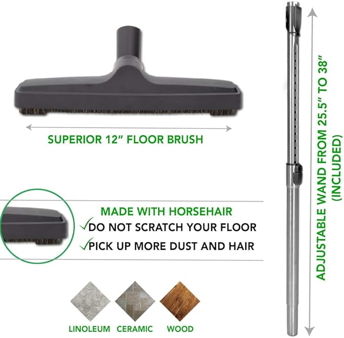 OVO Central Vacuum Carpet Deluxe Accessory Kit, 50ft Dual Voltage Hose with Pigtail, On-Off Switch at The Handle, 6 Adjustable Heights Electric Carpet Beater, 12’’ Floor Brush and Accessories, Black