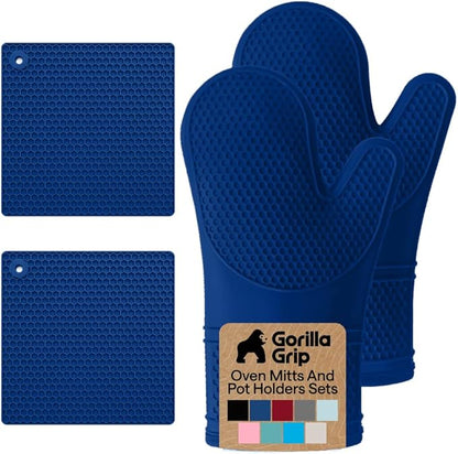GORILLA GRIP BPA-Free Soft Silicone Oven Mitts and Pot Holders Sets of 4, Heat Resistant Waterproof Cooking Gloves, Thick Cotton Lining, Flexible Gripping for Baking Grilling, Kitchen Trivets, Blue