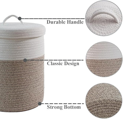 Yimi's Dream Lidded Storage Basket, Medium Cotton Rope Basket with Lid, Small Round Storage Basket for Nursery, Living Room, Kids, Blanket, Toys (12''D * 13.5''H, Brown & White)