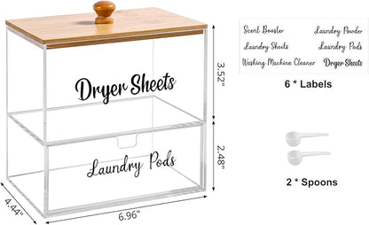 Acrylic Laundry Pods Contianer and Dryer Sheet Holder Set with Bamboo Lid, Dishwasher Pods Container, Laundry Pods Holder, Laundry Soap Organizer, Laundry Room Organization and Storage