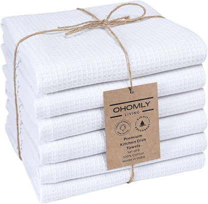 Waffle Kitchen Towels 100% Cotton Set of 6 - Heavy Duty 320 GSM Quality Dish Cloths - Soft Absorbent Washable for Kitchen Use - Quick Drying Dish Towel 16x26 inch White