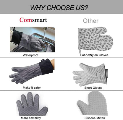 Comsmart BBQ Gloves, Heat Resistant Silicone Grilling Gloves, Long Waterproof BBQ Kitchen Oven Mitts with Inner Cotton Layer for Barbecue, Cooking, Baking, Smoker-Grey