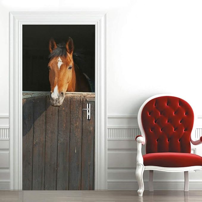 Horse 3D Door Stickers Murals - Peel & Stick Waterproof Washable Matt Finish Realistic Style Adults Wall 35.4" x 78.7"