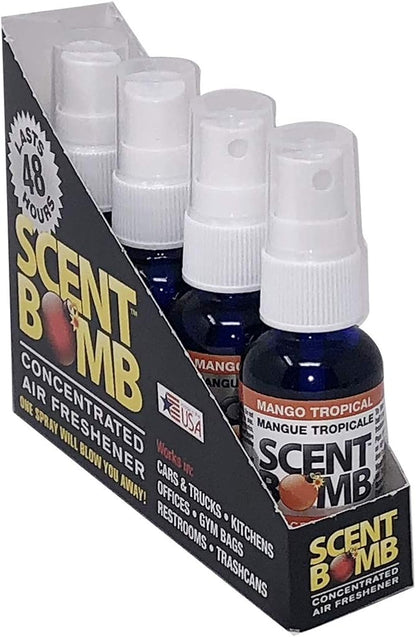 Scent Bomb Air Freshener Spray, Long-Lasting Odor Eliminator - Effective Deodorizer for Home & Car, Fresh Room Spray for Kitchen, Bathroom & Smell Neutralizer - 1 oz Pack of 4, Mango Tropical Scent