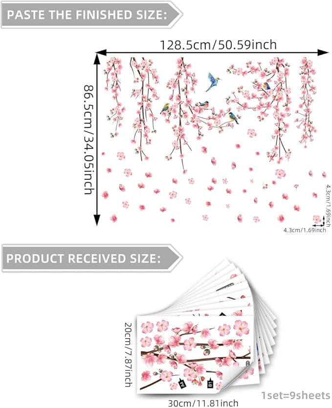 9 Sheets Cherry Blossom Decor Wall Decals Peel and Stick Pink Room Decor for Girls Bedroom Large Removable Wall Stickers & Murals Vinyl Car Decals for Women Living Room Office Vine Bird Art Clings