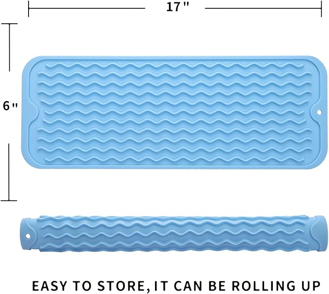 MicoYang Silicone Dish Drying Mat for Multiple Usage,Easy clean,Eco-friendly,Heat-resistant Silicone Mat for Kitchen Counter,Sink,Bar,Bottle,or Cup Light Blue M 17 inches x 6 inches