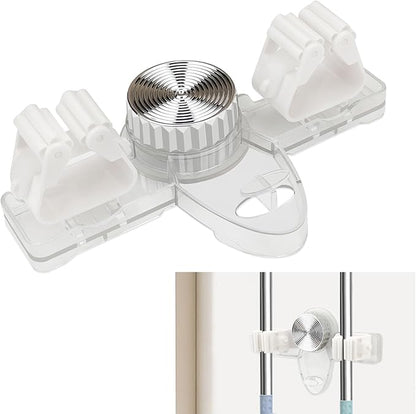 Self Adhesive Broom Holder Wall Mount, No Punching Heavy Duty Broom and Mop Organizer, Non-slip Mop Hanger with 2 Slots & 1 Hook for Bathroom Kitchen Laundry Room (Clear)