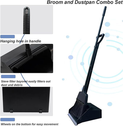 Broom with Dustpan Combo Set Outdoor Upright Dustpan and Broom Set with Long Handle Angle Broom and Dustpan Set for Garage Patio Courtyad Lobby Lawn Home Kitchen Ofiice