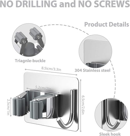 homeasy Mop Broom Holder No Drill, Mop Broom Organizer Wall Mounted Heavy Duty with Hooks Hanger, Self Adhesive Stainless Steel 4Pcs for Bathroom, Kitchen, Office (Silver)