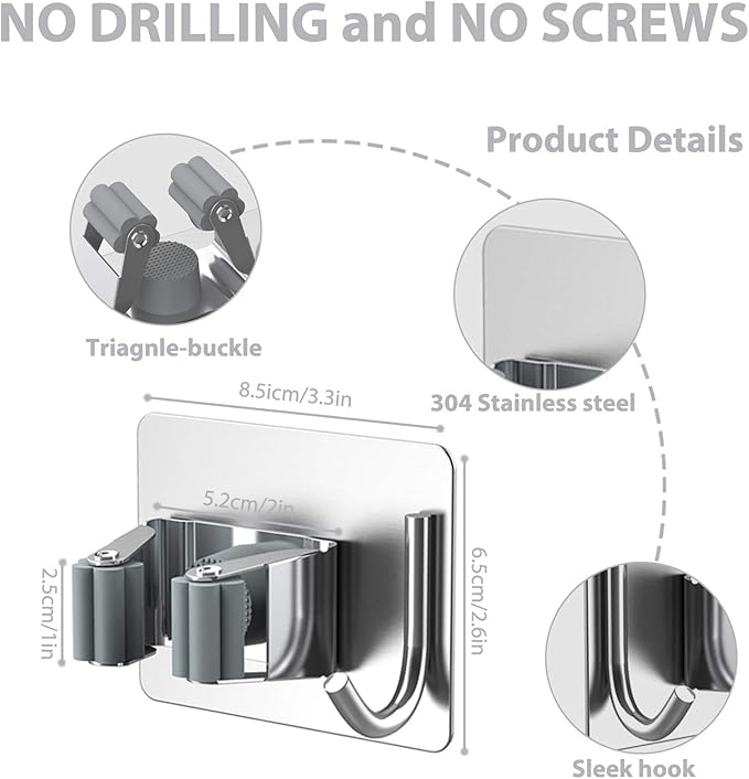 homeasy Mop Broom Holder No Drill, Mop Broom Organizer Wall Mounted Heavy Duty with Hooks Hanger, Self Adhesive Stainless Steel 6Pcs for Bathroom, Kitchen, Office (Silver)