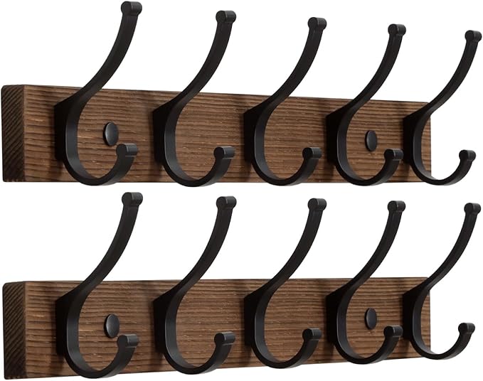 Optish Coat Rack Wall Mount, 16.5 Inches Wood Coat Hooks Wall Mount, Wall Coat Rack with 5 Hooks, Hat Rack Wall Hooks for Hanging Coat, Bag, Towel (2Pack, Brown)