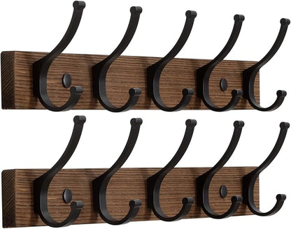 Optish Coat Rack Wall Mount, 16.5 Inches Wood Coat Hooks Wall Mount, Wall Coat Rack with 5 Hooks, Hat Rack Wall Hooks for Hanging Coat, Bag, Towel (2Pack, Brown)
