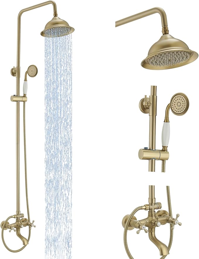 BWE Brushed Gold Triple-Function Shower Fixture Rainfall Shower Set with Adjustable Hand Sprayer and Tub Spout High Pressure Bathroom Shower Fixture Wall Mount Complete Set