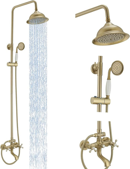 BWE Brushed Gold Triple-Function Shower Fixture Rainfall Shower Set with Adjustable Hand Sprayer and Tub Spout High Pressure Bathroom Shower Fixture Wall Mount Complete Set