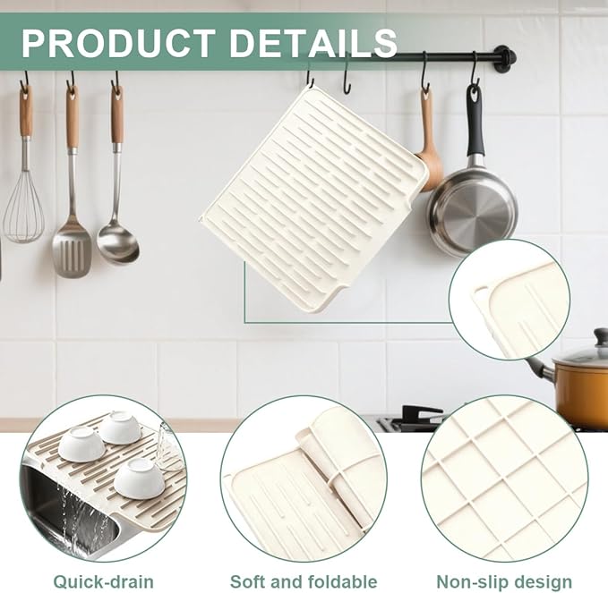 Silicone Kitchen Countertop Dish Drying Mat with Water Collection Tray Non-Slip Pad(Beige)