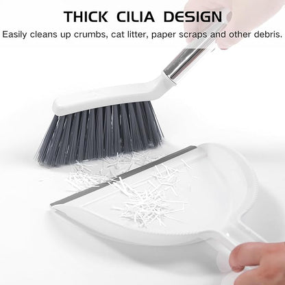 NACENA Mini Broom and Dustpan Set 2 Packs, Small Dust Pan and Brush Set with Handle Dustpan Teeth for Cleaning Hair Suitable for Office Desks Drawers Sofas Pet Care Outdoor Camping, White & Gray