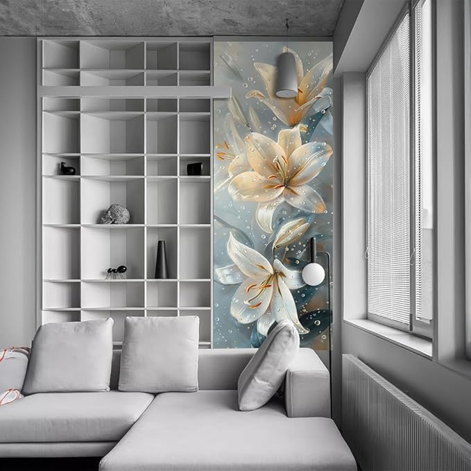 REDAMANCY Modern White Yellow Lily Floral Peel and Stick Door Stickers Vinyl 3D Door Mural Decals Decor Wallpaper Self-Adhesive, Waterproof, Removable