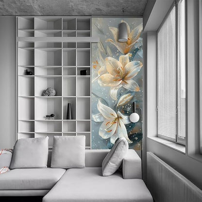 REDAMANCY Modern White Yellow Lily Floral Peel and Stick Door Stickers Vinyl 3D Door Mural Decals Decor Wallpaper Self-Adhesive, Waterproof, Removable
