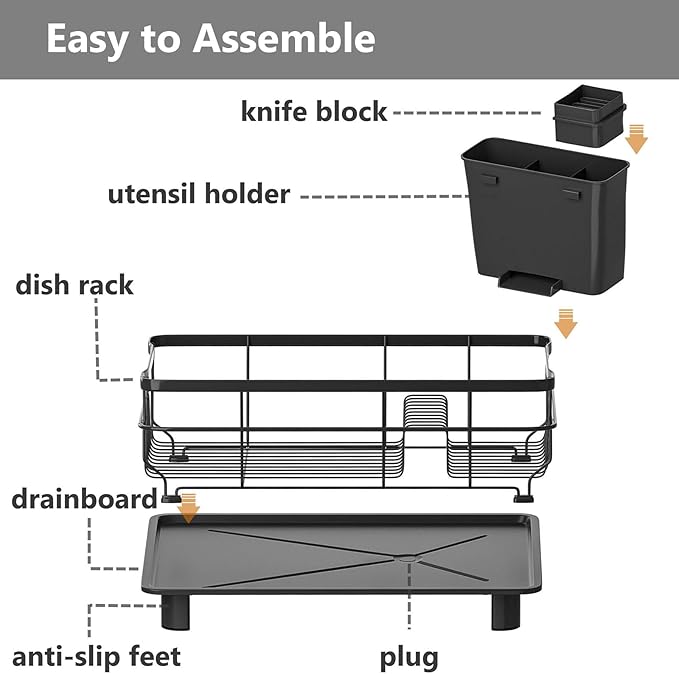 AIDERLY Iron Dish Drying Rack Auto Drain Dish Drainers Kitchen Counter Strainer with Draining Tray, All Black