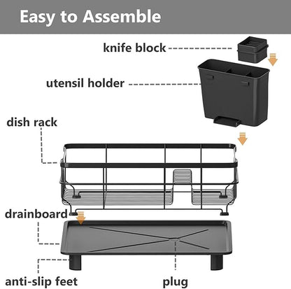 AIDERLY Iron Dish Drying Rack Auto Drain Dish Drainers Kitchen Counter Strainer with Draining Tray, All Black