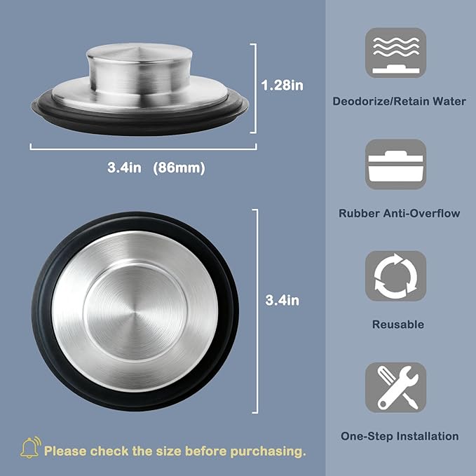 2 Pack 3 3/8 inch (86 mm) Stainless Steel Sink Stopper, Kitchen Garbage Disposal Plug with Wide Rim, Fits Standard 3.5 Inch Drains, Durable and Rustproof -Silver