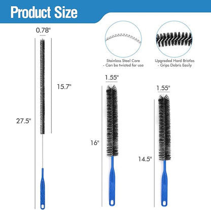 3PCS Drain Brush Set with Refrigerator Coil Cleaning Brush, Multi-Use Drain Cleaning Brush Kit for Kitchen Sink, Bathroom Drains, Dryer Vent & Pipe Clog Removal