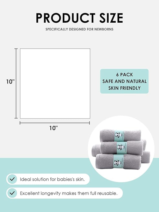 HIPHOP PANDA Baby Washcloths, Rayon Made from Bamboo - 2 Layer Ultra Soft Absorbent Newborn Bath Face Towel - Reusable Baby Wipes for Delicate Skin - Grey, 6 Pack