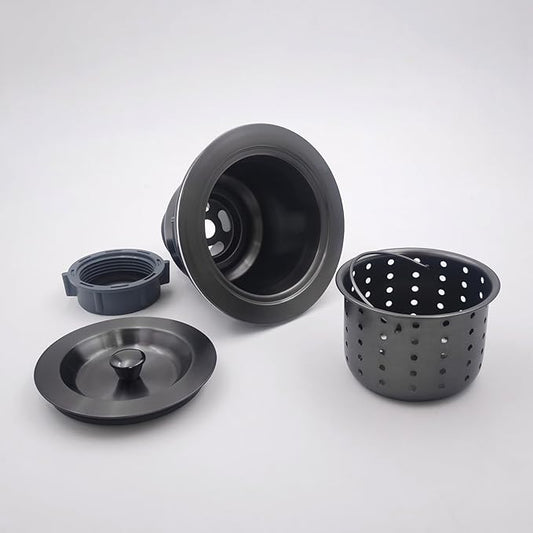 3-1/2-Inch Kitchen Sink Drain Strainer Assembly Kit Gunmetal Black, GZILA Deep Waste Basket Strainer with Sealing Lid Sink Stopper, Dark Gray 304 Stainless Steel