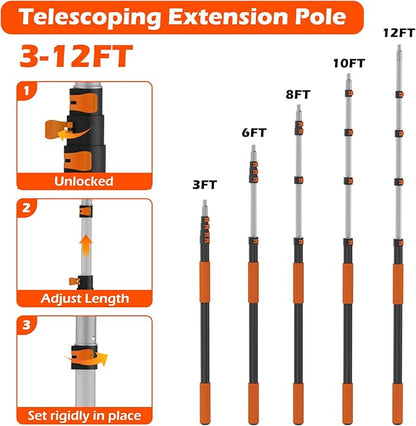 16FT Reach High Ceiling Duster Kits with 3-12FT Adjustable Pole - Includes Extra Long Duster, High Ceiling Duster, Rotatable Window Squeegee & Cobweb Duster for Ceiling Fans and Whole House Cleaning