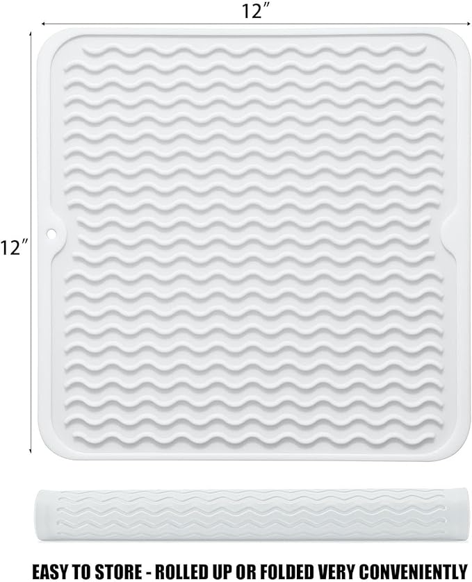 Silicone Dish Drying Mat for Multiple Usage, Easy clean, Eco-friendly, Heat-resistant Dish Drainer Mat for Kitchen Counter,Sink,Refrigerator or Drawer liner (12" x 12", Translucent)