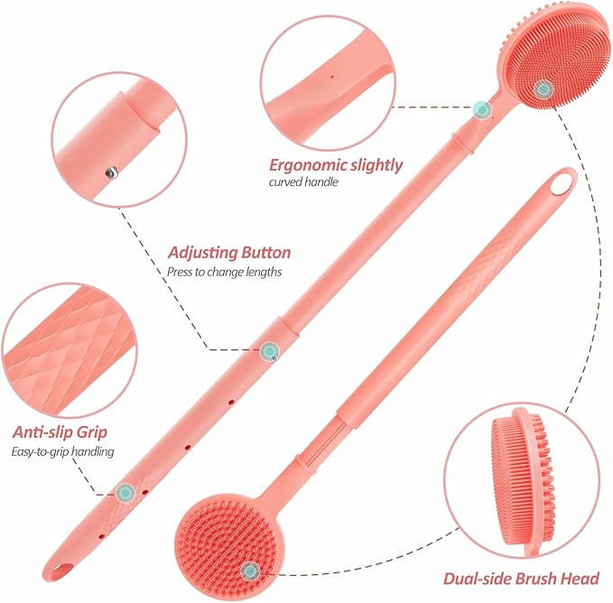 Soft Silicone Back Scrubber & Bath Glove 2PCS, 16''- 24'' Extendable Back Scrubber with Dual-Side Head, 360° Anti-Slip & Hand-fit Silicone Body Scrubber for Rich Foaming Deep Cleaning(Pink)