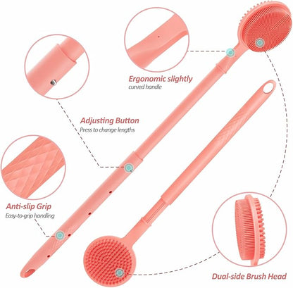 Soft Silicone Back Scrubber & Bath Glove 2PCS, 16''- 24'' Extendable Back Scrubber with Dual-Side Head, 360° Anti-Slip & Hand-fit Silicone Body Scrubber for Rich Foaming Deep Cleaning(Pink)