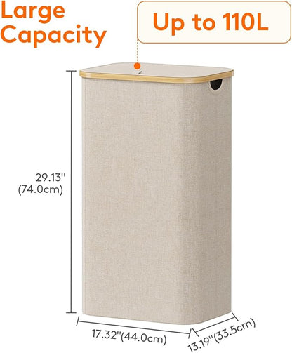 Lifewit 110L Laundry Basket with Lid, Clothes Hampers for Laundry with Bamboo Handles and 1 Removable Bag, Large Foldable Laundry Hamper for Bedroom, Bathroom, Dorm, Laundry Room, Beige